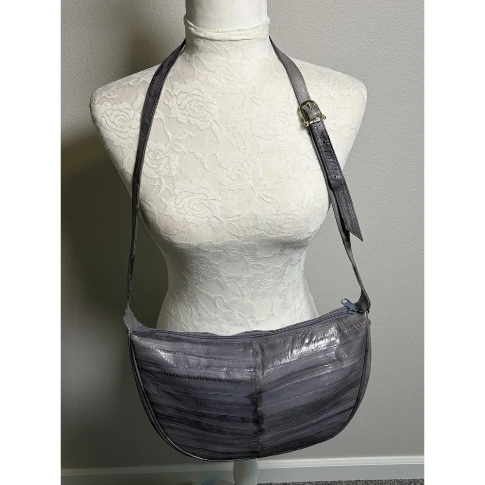 VTG Genuine Eel Skin Leather Gray Shoulder Handbag~Large 13